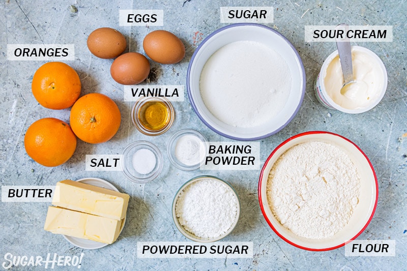 Overhead shot of the ingredients needed to make an orange bundt cake.