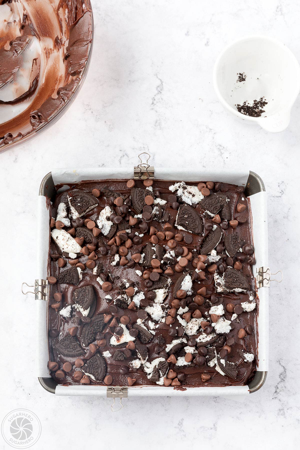 Oreo Brookies in square pan, ready to be baked.
