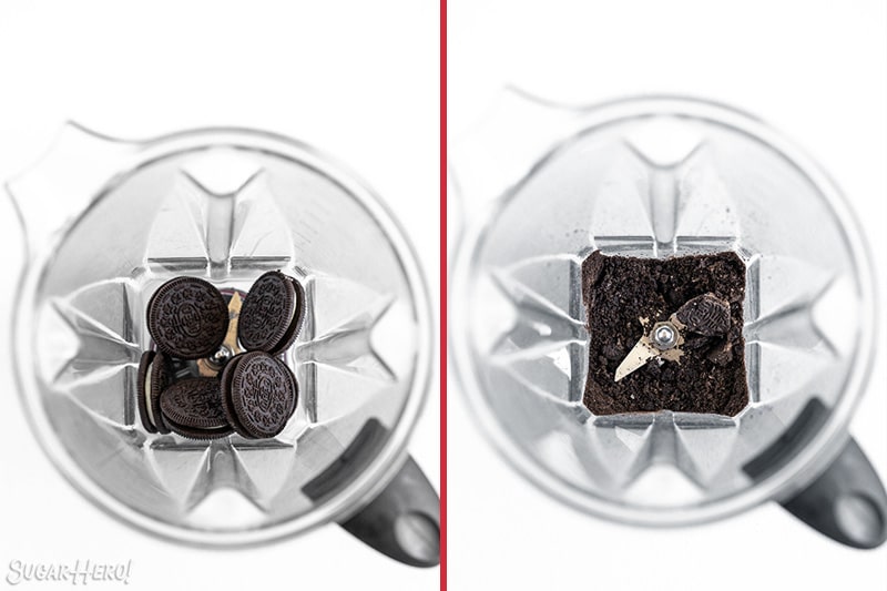 Two photo collage of Oreo Milkshakes showing how to crush the Oreos in a blender.