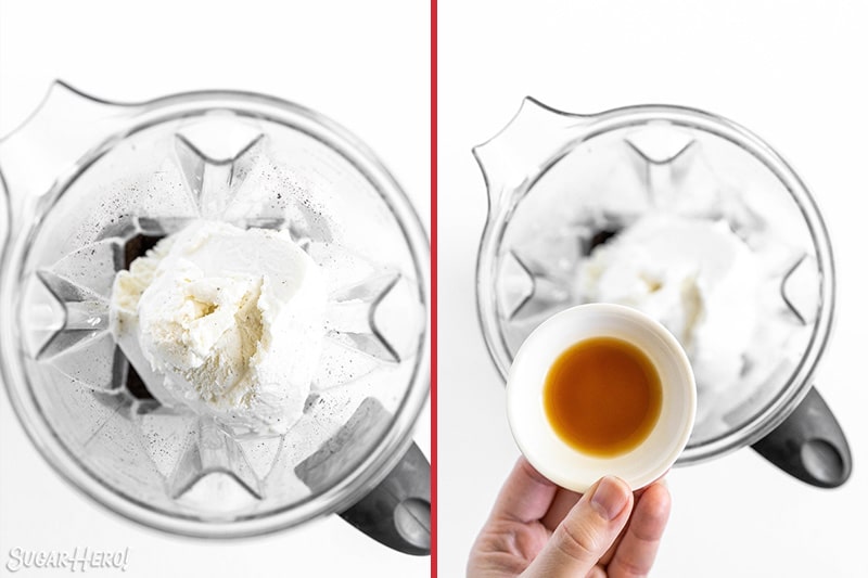 Two photo collage showing adding milkshake ingredients to a blender.