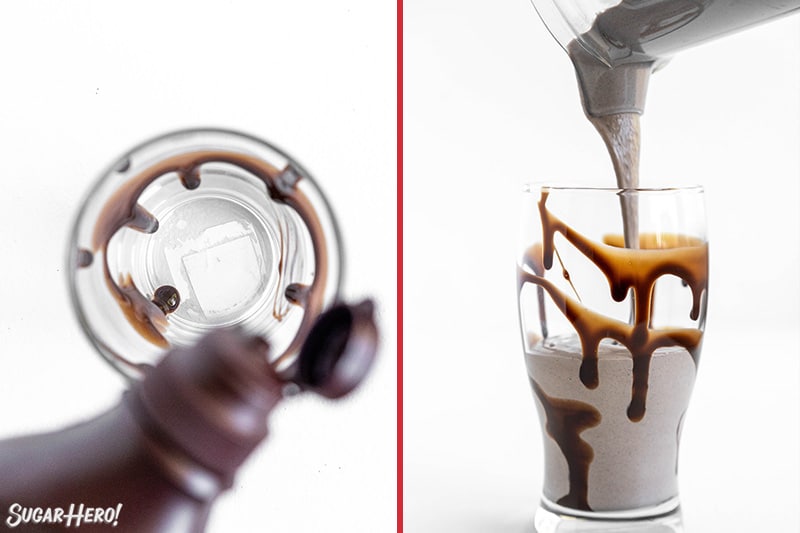 Two photo collage showing pouring a milkshake into a cup.