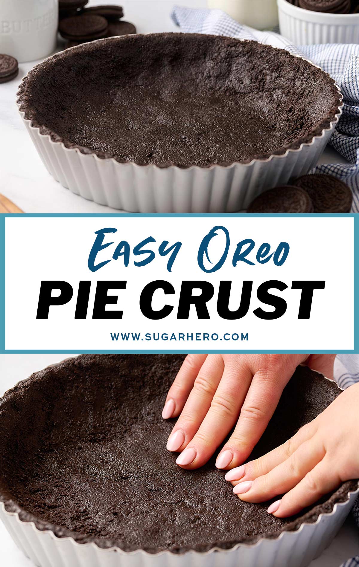 2 photo collage of Oreo Pie Crust with text overlay for Pinterest.
