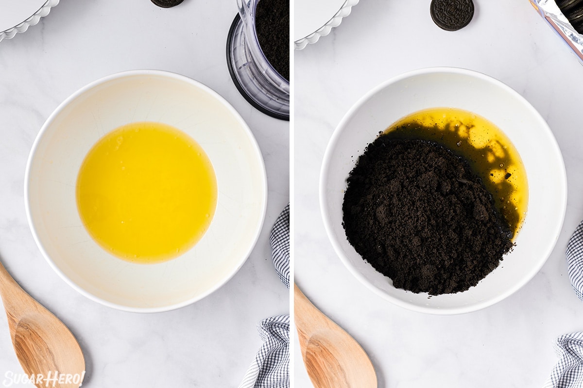 2 photo process collage of melting butter and then placing the Oreo crumbs into the butter to make Oreo Pie Crust.