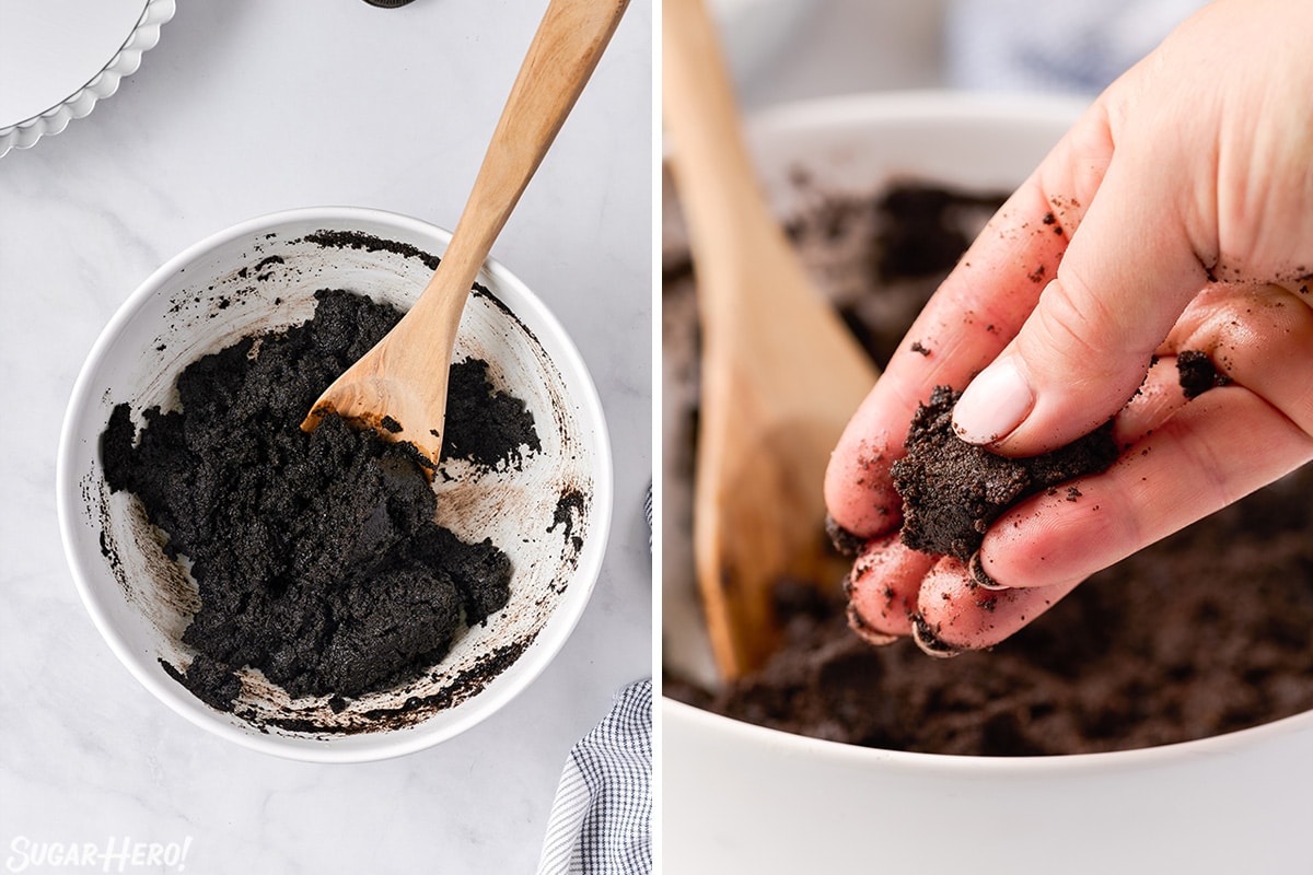 2 photo process collage of mixing the Oreos and butter until it holds it's shape between fingers for an Oreo Pie Crust.