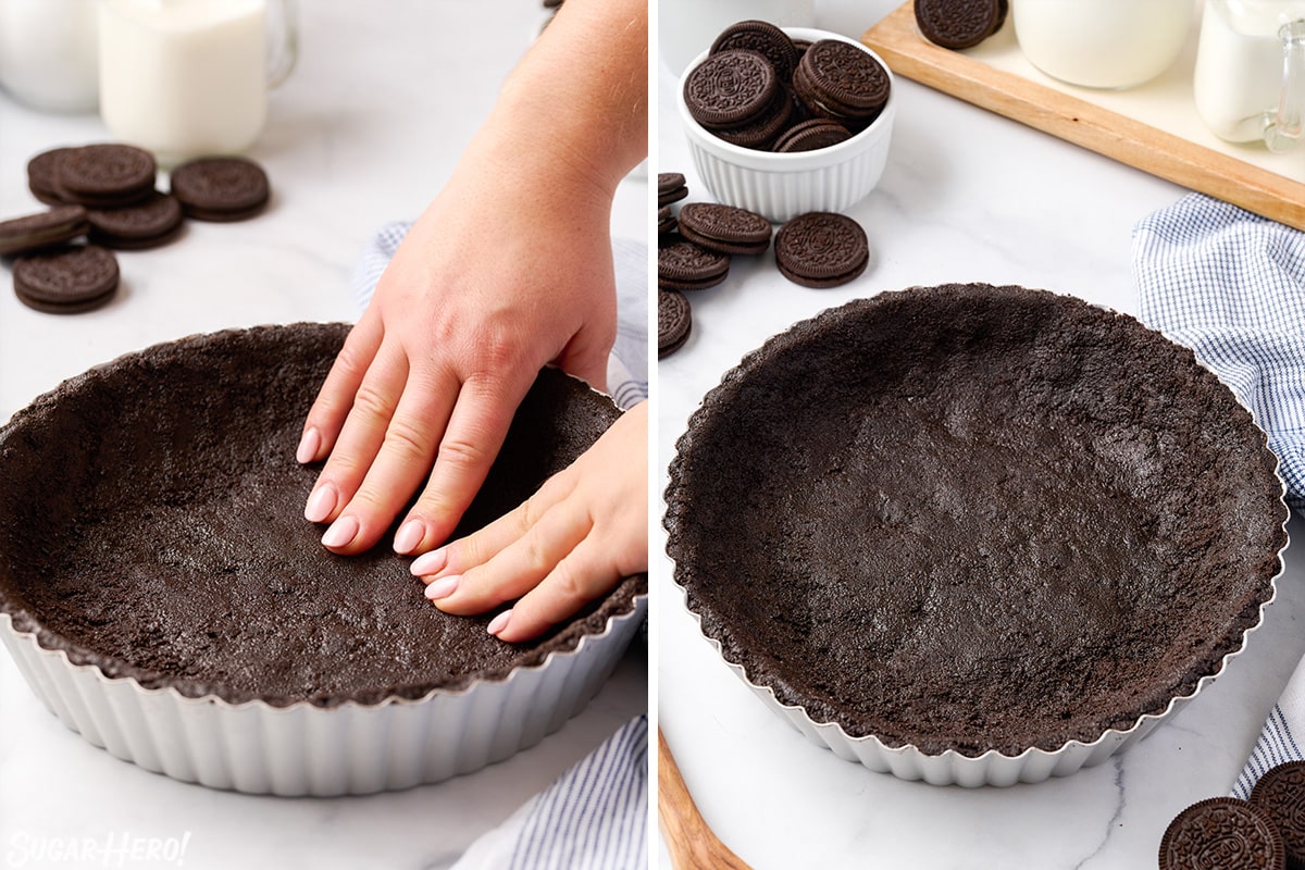 2 photo process collage of pressing the crumb mixture into a pie pan evenly for an Oreo Pie Crust.