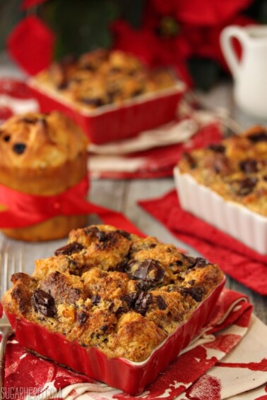 Pannetone Bread Pudding in a small red ramekin.