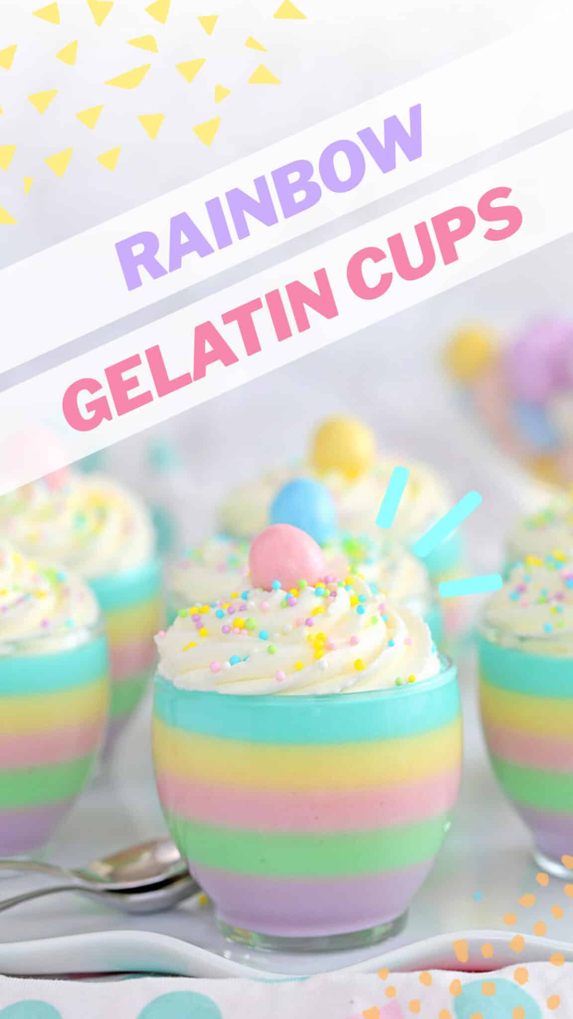 A photo of pastel rainbow gelatin cups with text overlay for Pinterest.
