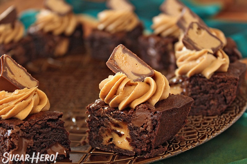 Peanut Butter Cup Brownies on a brown platter