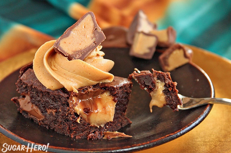 Peanut Butter Cup Brownie with bite taken out of it