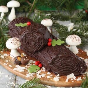 Peanut Butter Cup Yule Log on a wooden surface.