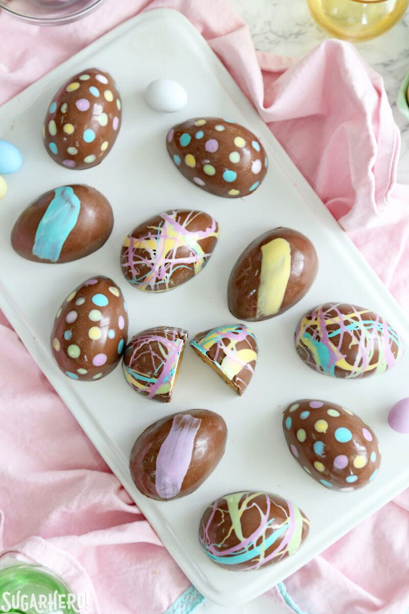 Overhead shot of Peanut Butter Easter Eggs on a white platter