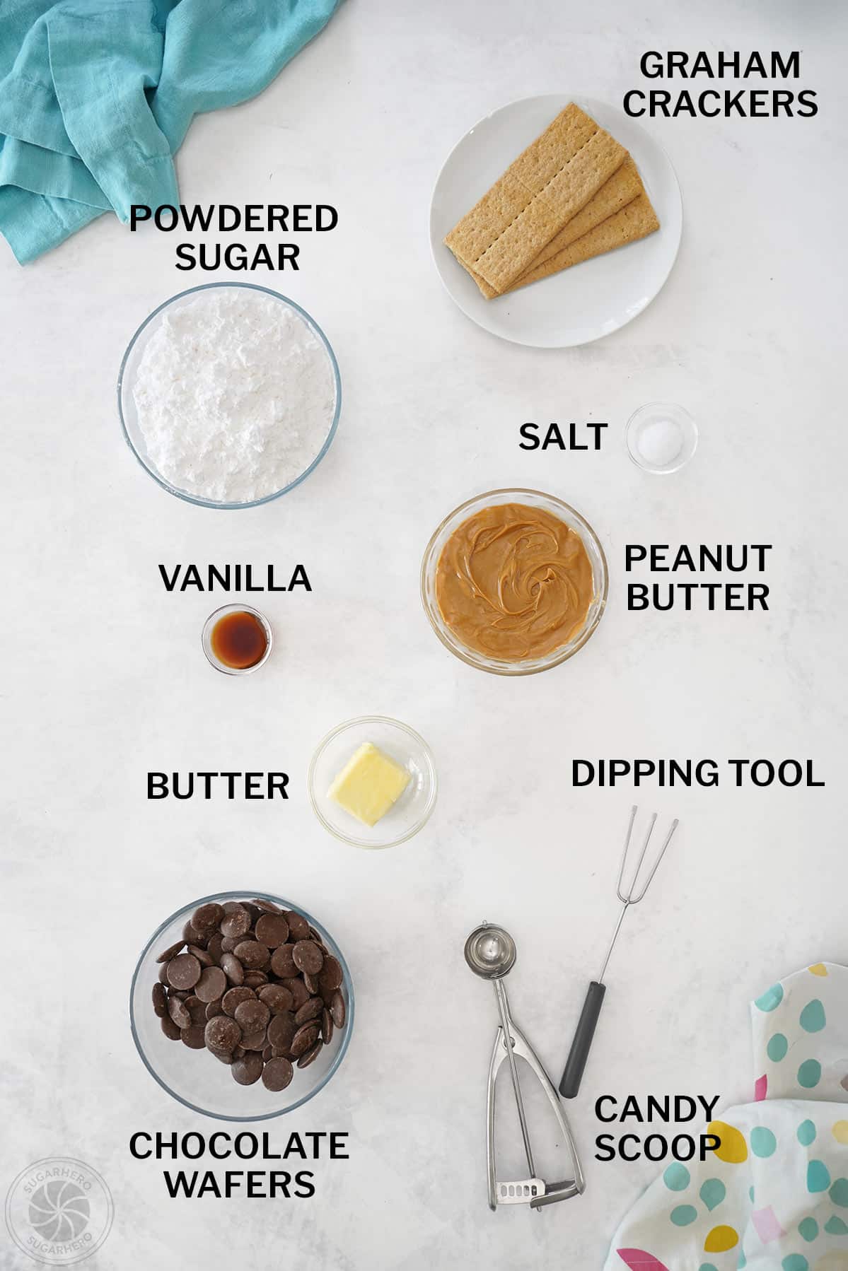 Labeled ingredients needed to make peanut butter eggs.