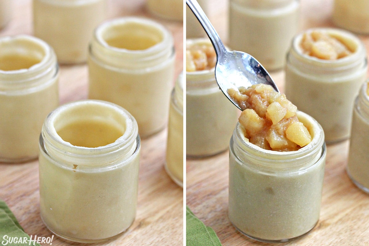 2 photo process picture of lining jars with crust and filling with pears for Pear Pies in a Jar.