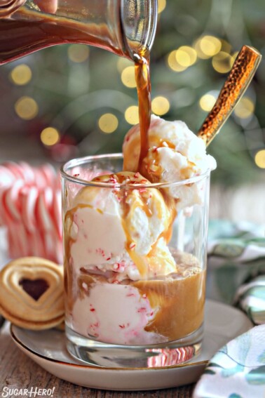 Coffee being poured over peppermint ice cream.
