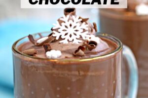 Photo of Peppermint Hot Chocolate with text overlay for Pinterest.
