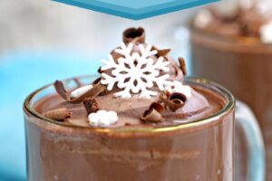 Photo of Peppermint Hot Chocolate with text overlay for Pinterest.