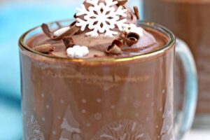 Photo of Peppermint Hot Chocolate with text overlay for Pinterest.