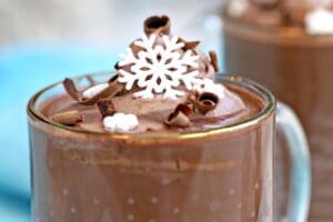 Photo of Peppermint Hot Chocolate with text overlay for Pinterest.