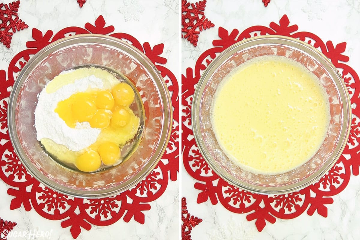 Two-photo collage showing how to mix eggs and sugar for Peppermint Lava Cakes.