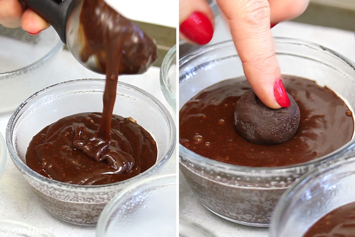 Two-photo collage showing how to scoop and assemble the cakes for Peppermint Lava Cakes.