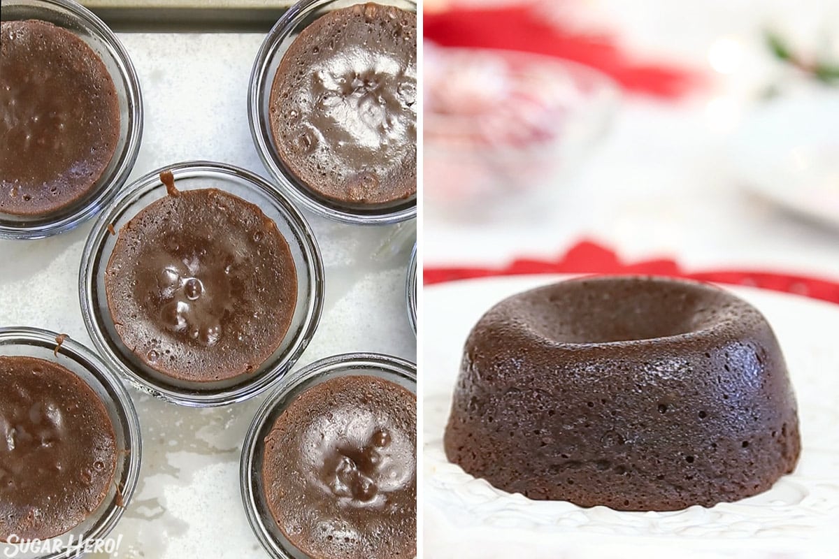 Two-photo collage showing how to unmold Peppermint Lava Cakes.
