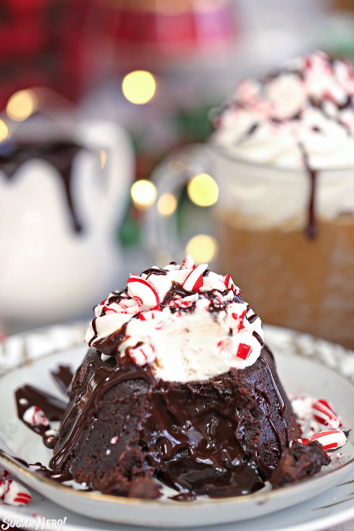 Peppermint Lava Cake with a bite taken out of it and chocolate flowing from the center.