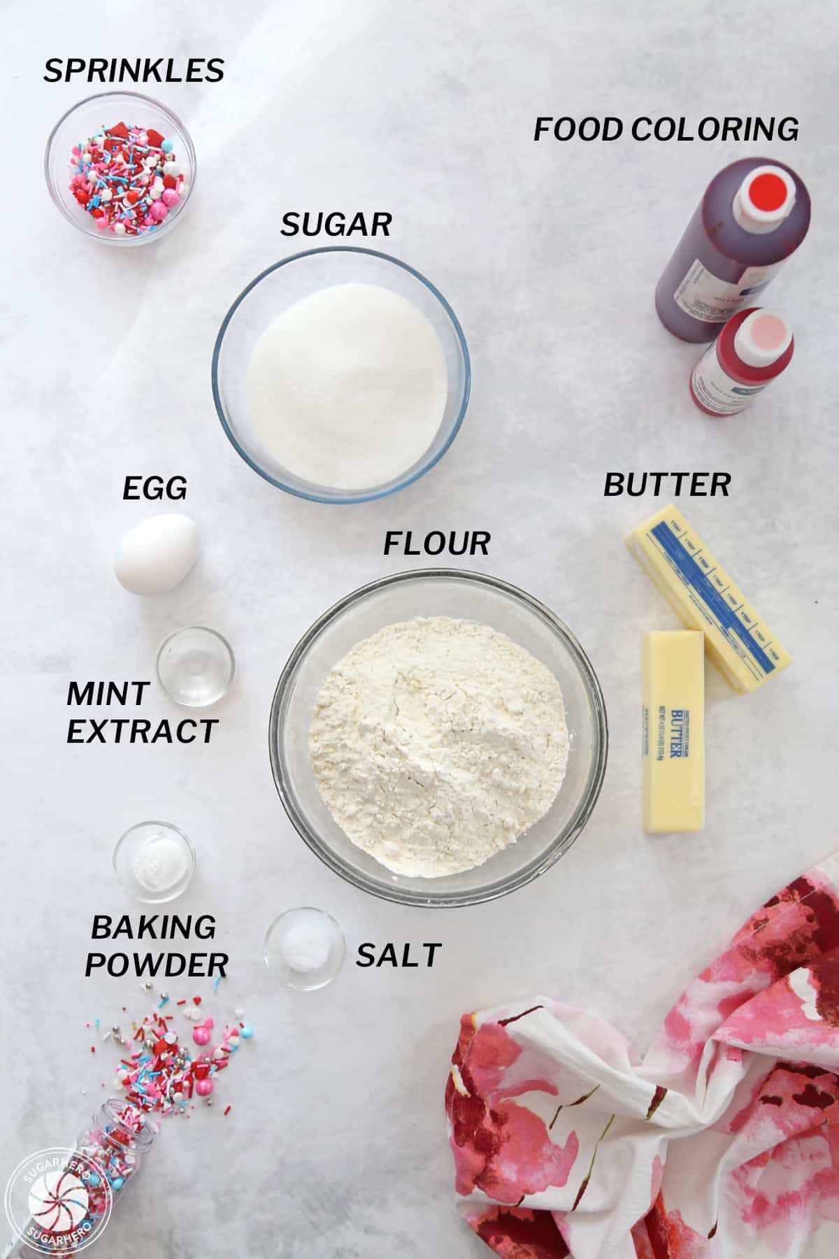 Overhead shot showing the ingredients needed to make Peppermint Pinwheel Cookies.