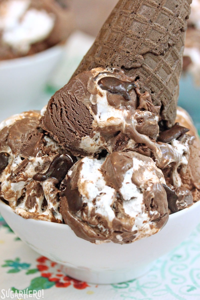Homemade Phish Food Ice Cream - just like Ben & Jerry's! Chocolate ice cream, marshmallow and caramel swirls, and chocolate fish! | From SugarHero.com Homemade Phish Food Ice Cream | From SugarHero.com
