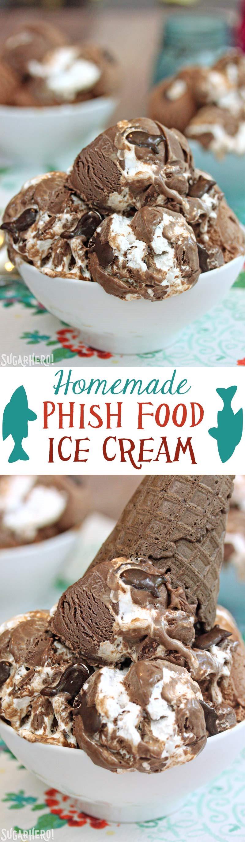 Homemade Phish Food Ice Cream - just like Ben & Jerry's! Chocolate ice cream, marshmallow and caramel swirls, and chocolate fish! | From SugarHero.com Homemade Phish Food Ice Cream | From SugarHero.com