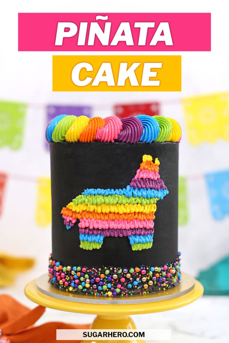 Picture of black and neon pinata cake with text overlay for Pinterest