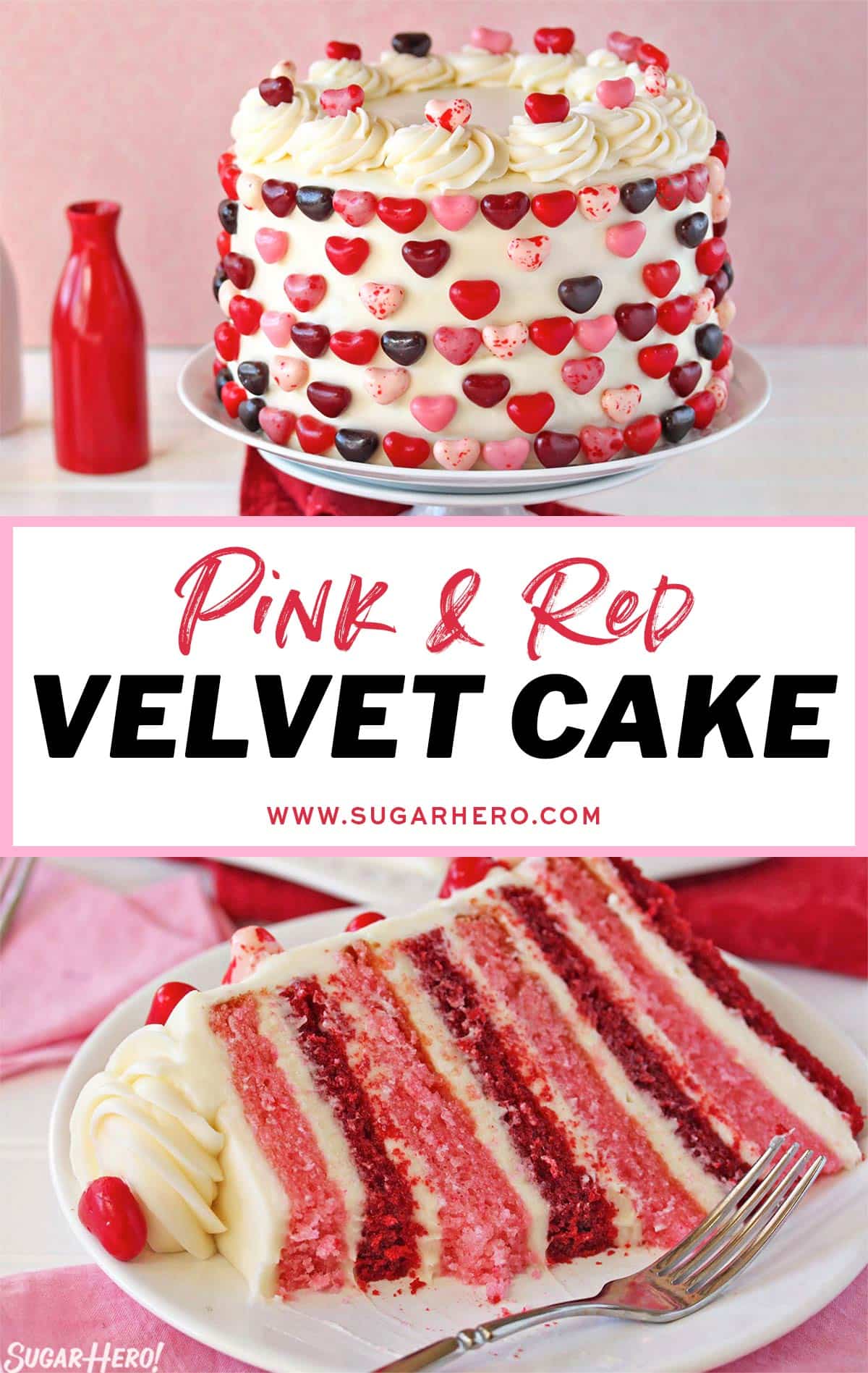 Two photo collage of Pink and Red Velvet Cake with text overlay for Pinterest.