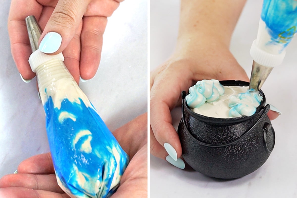 Two-photo collage showing how to prepare a white-and-blue piping bag and pipe buttercream clouds.