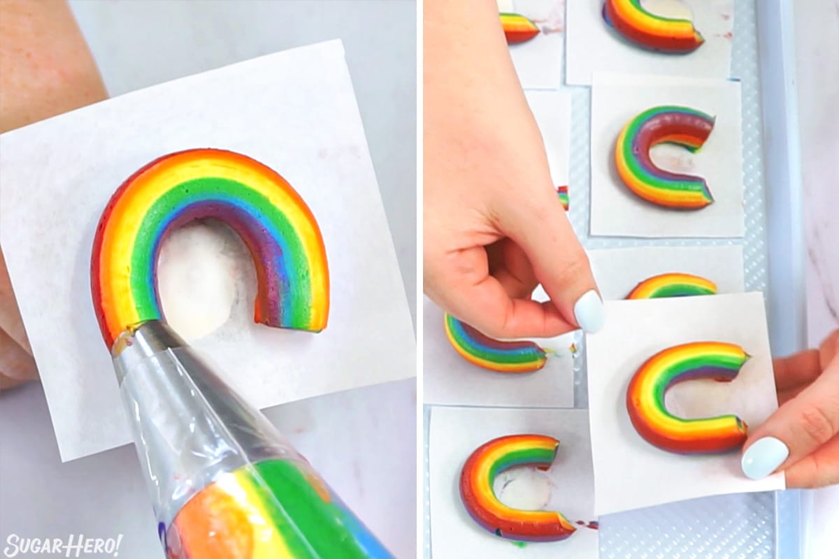 Two-photo collage showing how to pipe and freeze buttercream rainbow decorations.