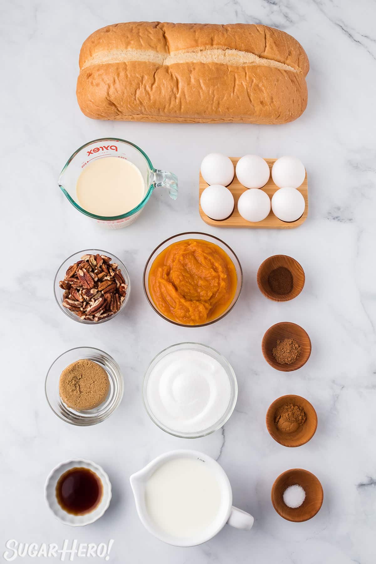 Overhead shot of ingredients needed to make Pumpkin Bread Pudding.