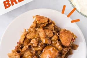 Photo of Pumpkin Bread Pudding with text overlay for Pinterest.