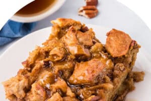 Photo of Pumpkin Bread Pudding with text overlay for Pinterest.