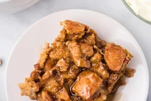 Photo of Pumpkin Bread Pudding with text overlay for Pinterest.