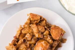 Photo of Pumpkin Bread Pudding with text overlay for Pinterest.