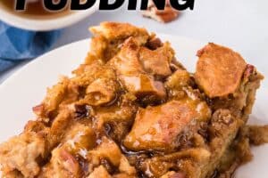 Photo of Pumpkin Bread Pudding with text overlay for Pinterest.