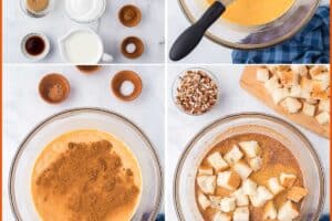 Six photo collage showing how to make Pumpkin Bread Pudding.