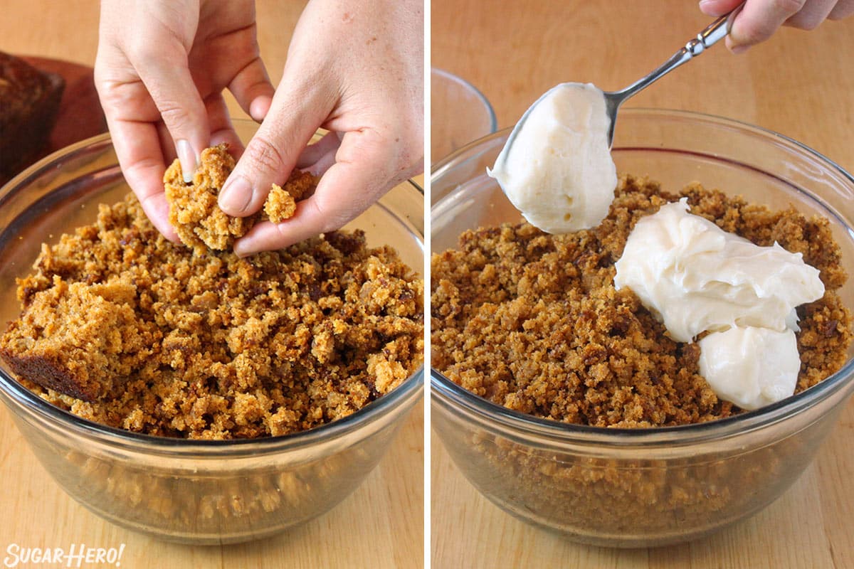 Two photo collage showing how to mix the filling for Pumpkin Bread Truffles.