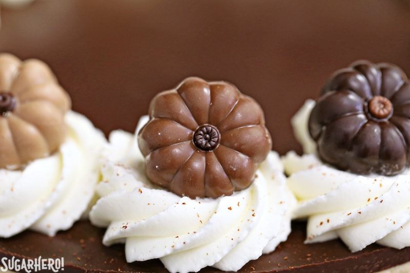Pumpkin Chocolate Mousse Cake - A close up of the pumpkin chocolate toppers. | From SugarHero.com