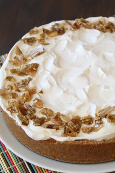 A Pumpkin Ice Cream Pie on a white plate and multi-colored placemat.