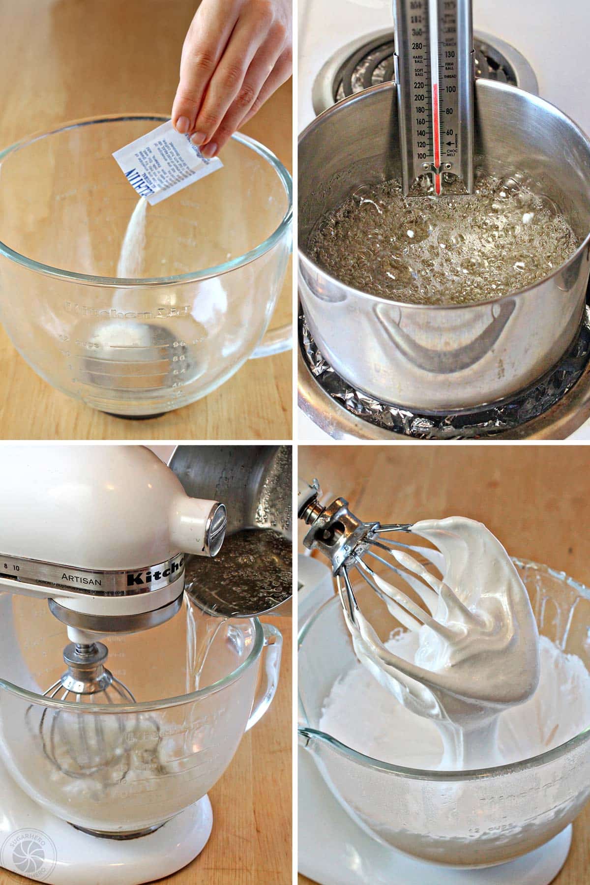 Four photo collage showing how to make the marshmallow base for Pumpkin Marshmallows.