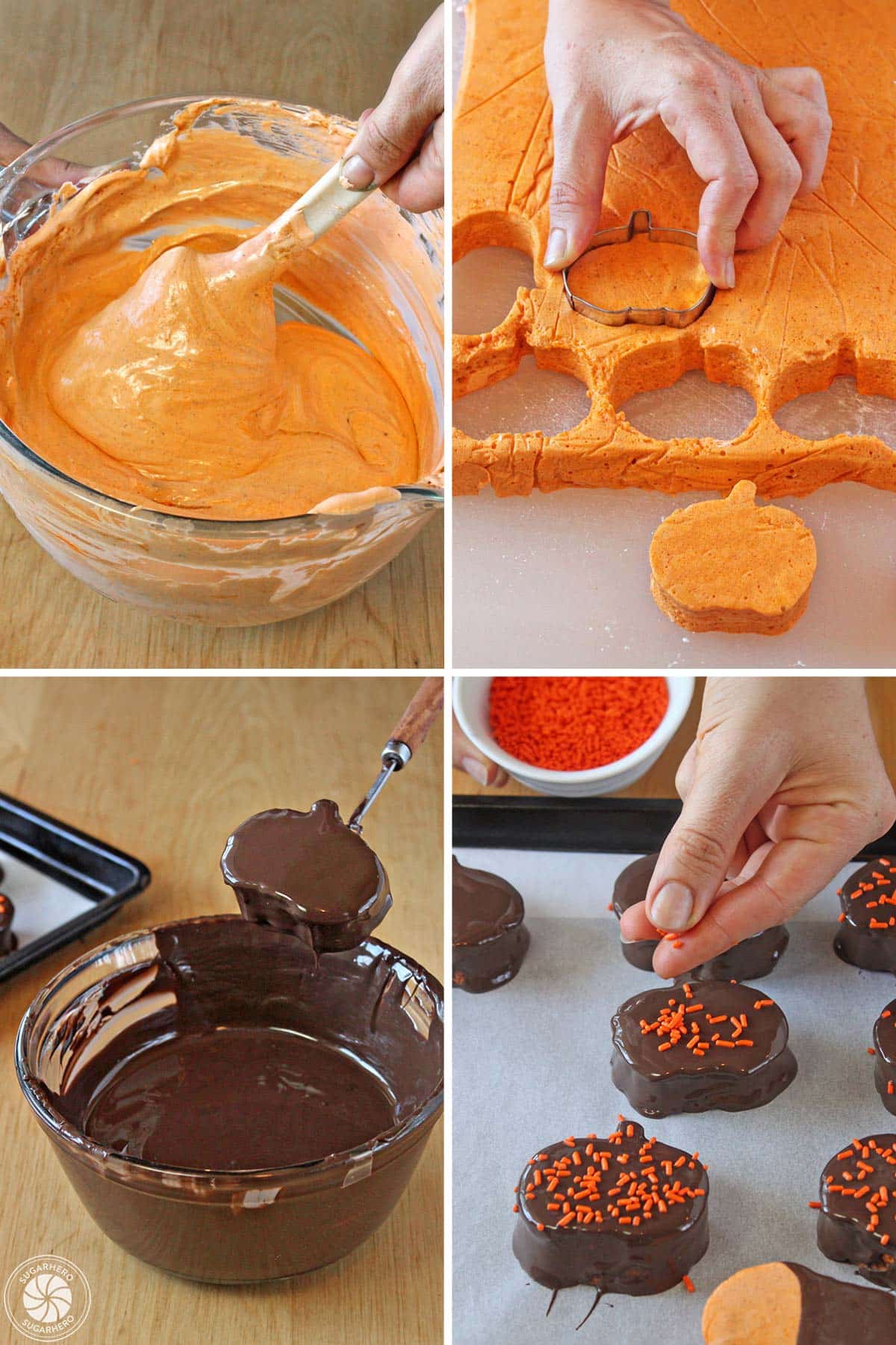 Four photo collage showing how to cut and dip homemade Pumpkin Marshmallows.