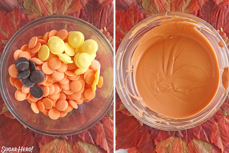 2 photo process picture of melting the candy melts for the pumpkin pie mousse cup edible bowls.