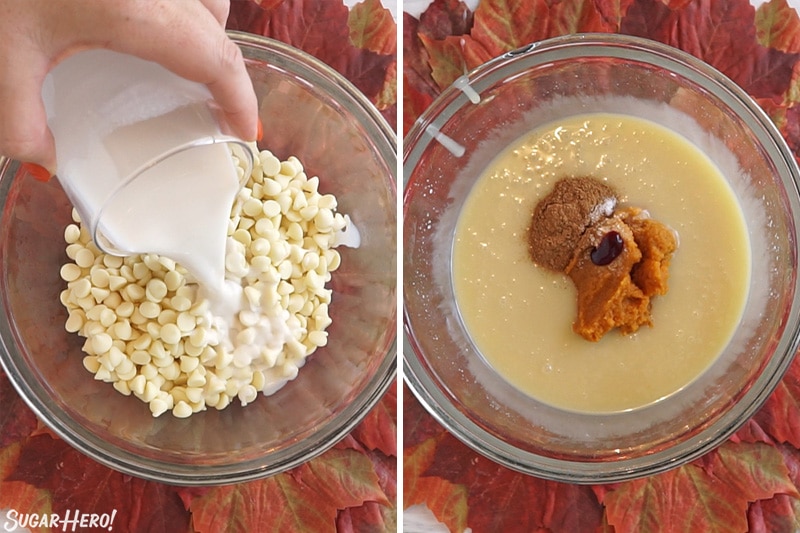 2 photo process picture of mixing white baking chips with heavy cream and then adding pumpkin puree, salt, and pumpkin pie spice to the mix for pumpkin pie mousse cups.