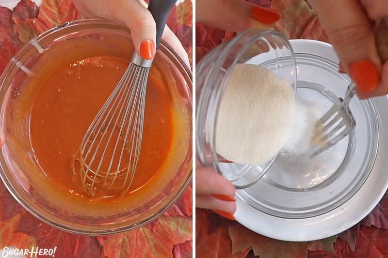 2 photo process picture of coloring the pumpkin pie mousse mixture orange and preparing the gelatin.