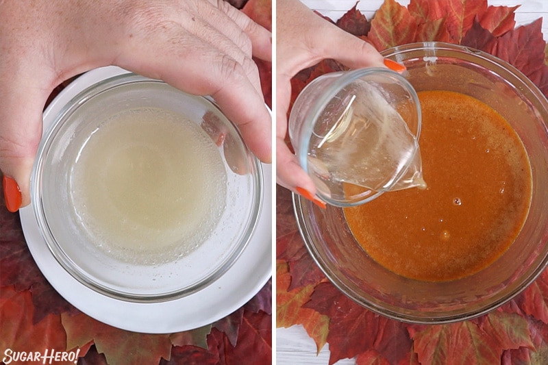 2 photo process picture of melted gelatin being poured into the filling for pumpkin pie mousse cups.