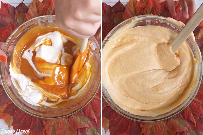 2 photo process picture of stirring whipped cream into the filling for pumpkin pie mousse cups.